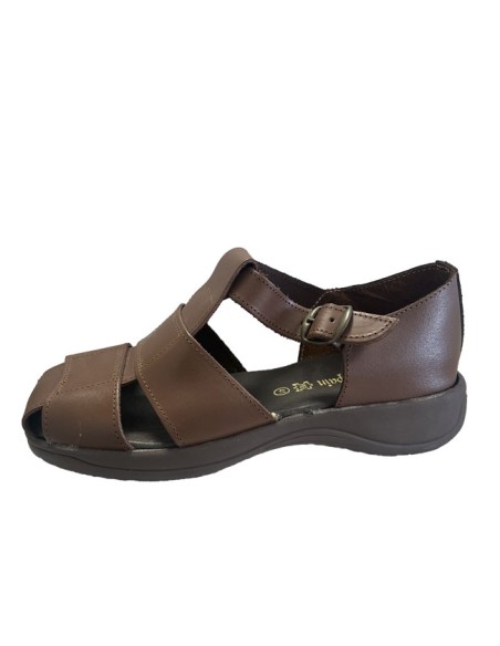 Sandalia de piel para caballero marrón oscuro perfil hebilla