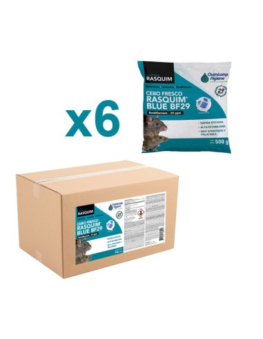 Rodenticida Cebo Fresco Rasquim Blue BF29 contenido 6 bolsas caja 3kg