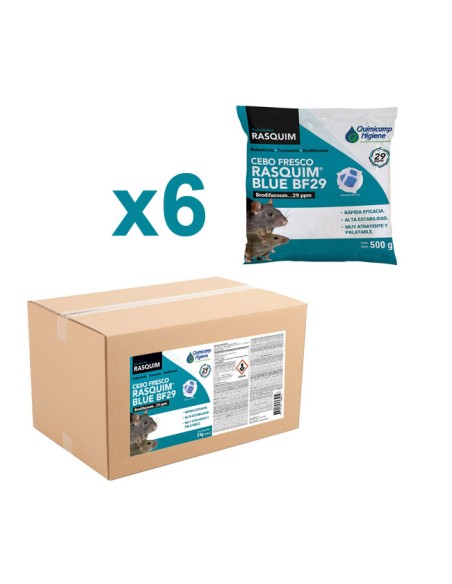 Rodenticida Cebo Fresco Rasquim Blue BF29 contenido 6 bolsas caja 3kg
