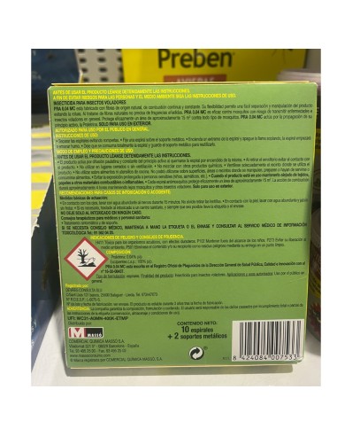 Preben espirales antimosquitos etiqueta de seguridad