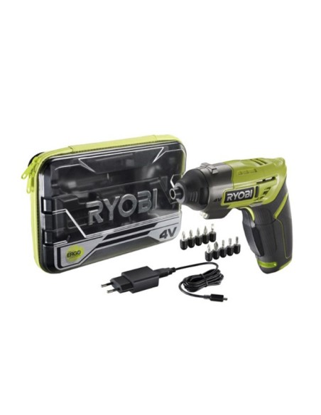 caja accesorios y Atornillador Eléctrico ERGO 4V marca RYOBI